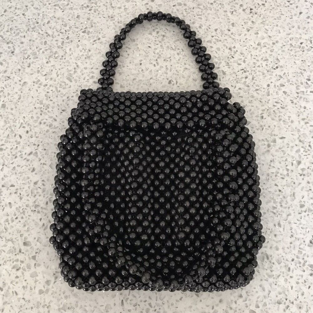 Vintage Walborg Made in Japan Black Beaded Small Top Handle Handbag Purse